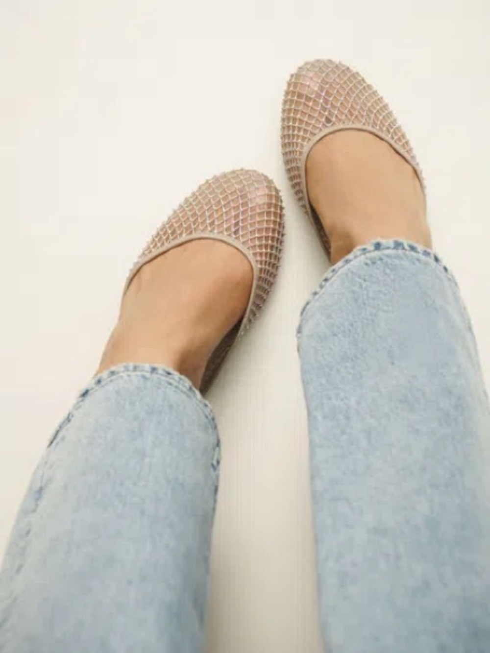 Reformation melly flat mule in fawn rhinestone mesh